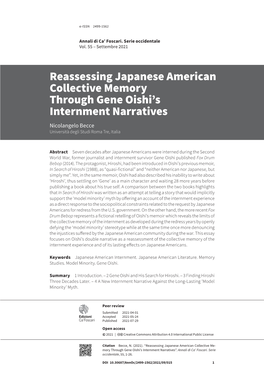 Reassessing Japanese American Collective Memory Through Gene Oishi’S Internment Narratives Nicolangelo Becce Università Degli Studi Roma Tre, Italia