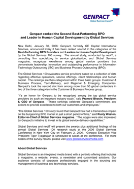 Genpact Ranked the Second Best-Performing BPO and Leader in Human Capital Development by Global Services