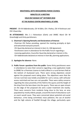 BRAITHWELL with MICKLEBRING PARISH COUNCIL MINUTES of a MEETING HELD on TUESDAY 23Rd OCTOBER 2018 at the RUDDLE CENTRE BRAITHWELL at 6PM