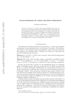 Arxiv:Math/0302026V3 [Math.GT] 21 Oct 2003 Fgnrtr Ntepeetto and Presentation of the in Generators of H Ecec Famnfl,Def( Manifold, a of Deﬁciency the Hoe 1.1