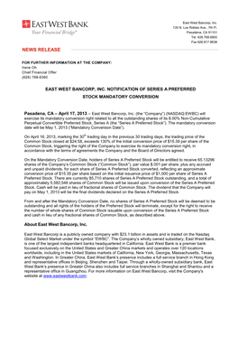 East West Bancorp, Inc. Notification of Series a Preferred Stock Mandatory Conversion
