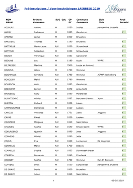 Pré-Inscriptions / Voor-Inschrijvingen LAERBEEK 2019