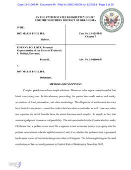 IN the UNITED STATES BANKRUPTCY COURT for the NORTHERN DISTRICT of OKLAHOMA in RE: JOY MARIE PHILLIPS, Debtor. Case No. 13-12959