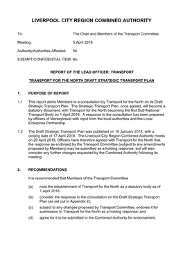 Transport for the North Draft Strategic Transport Plan PDF 122 KB