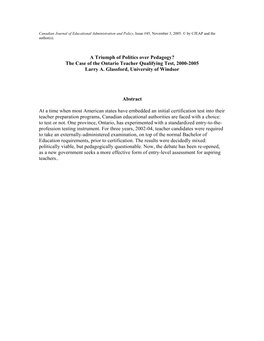 Canadian Journal of Educational Administration and Policy, Issue #45, November 3, 2005