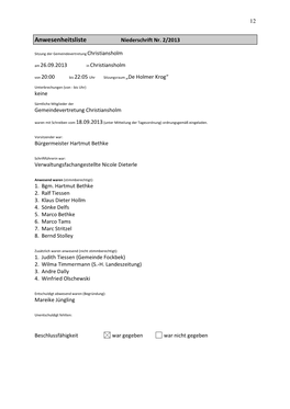 Anwesenheitsliste Niederschrift Nr