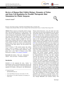 Review of Human Hair Follicle Biology: Dynamics of Niches and Stem Cell Regulation for Possible Therapeutic Hair Stimulation for Plastic Surgeons