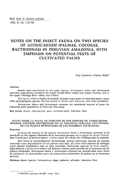 Notes on the Insect Fauna on Two Species of Astrocaryum (Palmae, Cocoeae, Bactridinae) in Peruvian Amazonia, with Emphasis on Potential Pests of Cultivated Palms