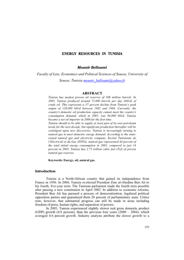 ENERGY RESOURCES in TUNISIA Mounir Belloumi Faculty of Law