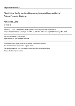 Checklist of the Fly Families Chamaemyiidae and Lauxaniidae of Finland (Insecta, Diptera)