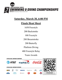 Saturday, March 30, 6:00 PM Finals Heat Sheet