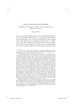 THE LXX TRANSLATION of ESTHER a Paraphrastic Translation of MT Or a Free Translation of a Rewritten Version?