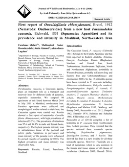 (Nematoda: Onchocercidae) from a New Host Paralaudakia Caucasia, Eichwald, 1831 (Squamata: Agamidae) and Its Prevalence and Intensity in Mashhad, North-Eastern Iran