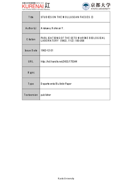 Title STUDIES on the MOLLUSCAN FAECES (I) Author(S) Arakawa