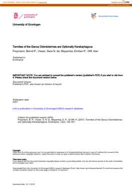 University of Groningen Termites of the Genus Odontotermes