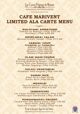 Marivent Limited Ala Carte Menu