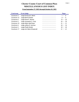 MISCELLANEOUS LIST INDEX Chester County Court of Common