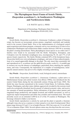 The Phytophagous Insect Fauna of Scotch Thistle, Onopordum Acanthium L., in Southeastern Washington and Northwestern Idaho