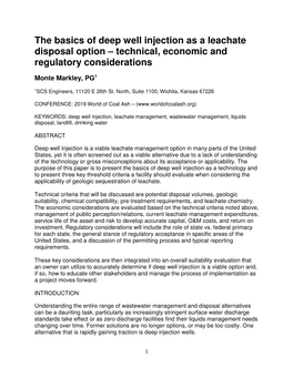 The Basics of Deep Well Injection As a Leachate Disposal Option – Technical, Economic and Regulatory Considerations