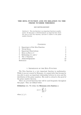 The Zeta Function and Its Relation to the Prime Number Theorem