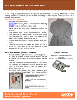 Projects > Foot of the Month > Spa Style Men's Robe Designed Exclusively for You from the Brother Education Department