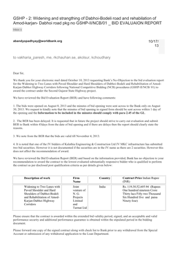 GSHP - 2: Widening and Strangthing of Dabhoi-Bodeli Road and Rehabilation of Amod-Karjan- Dabhoi Road Pkg No GSHP-II/NCB/01 BID EVALUAION REPORT