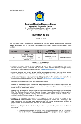 Calamba Housing Business Center Acquired Assets Division 2F High Rise Business Center, National Highway Barangay Halang, Calamba City, Laguna