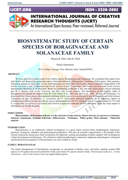 BIOSYSTEMATIC STUDY of CERTAIN SPECIES of BORAGINACEAE and SOLANACEAE FAMILY Manasi R