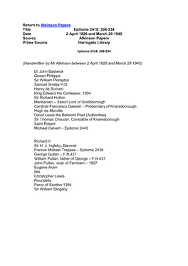 Atkinson Papers Title Epitome 2418: 208-234 Date 2 April 1926 and March 29 1945 Source Atkinson Papers Prime Source Harrogate Library