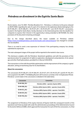 Petrobras on Divestment in the Espírito Santo Basin —