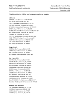 Fast Food Restaurants Location List the University of British Columbia December 2010