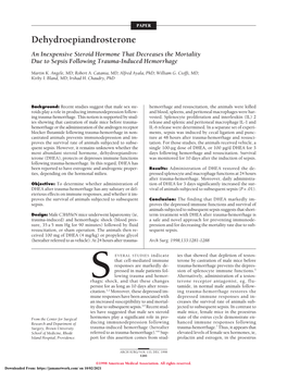 Dehydroepiandrosterone an Inexpensive Steroid Hormone That Decreases the Mortality Due to Sepsis Following Trauma-Induced Hemorrhage