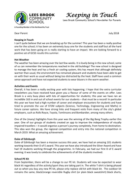 Keeping in Touch Lees Brook Community School’S Newsletter for Parents