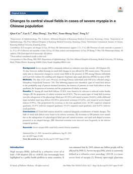 Changes to Central Visual Fields in Cases of Severe Myopia in a Chinese Population