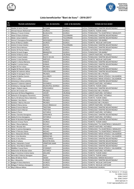 Lista Beneficiarilor "Bani De Liceu" - 2016-2017 Ț Ț Nr