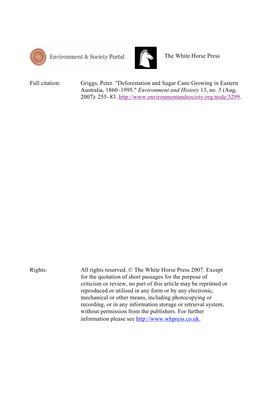 Griggs, Peter. "Deforestation and Sugar Cane Growing in Eastern Australia, 1860–1995." Environment and History 13, No
