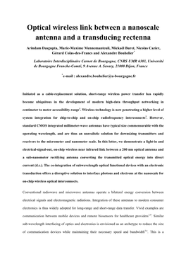 Optical Wireless Link Between a Nanoscale Antenna and a Transducing Rectenna