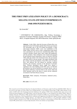 The First Privatization Policy in a Democracy: Selling State-Owned Enterprises in 1948-1950 Puerto Rico