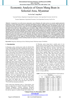 Economic Analysis of Green Mung Bean in Selected Area, Myanmar