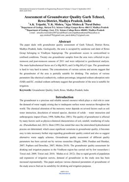 Assessment of Groundwater Quality Gurh Tehseel, Rewa District, Madhya Pradesh, India 1A.K