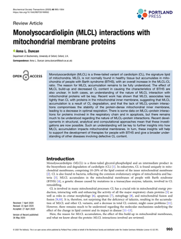 Monolysocardiolipin (MLCL) Interactions with Mitochondrial Membrane Proteins