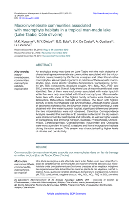 Macroinvertebrate Communities Associated with Macrophyte Habitats in a Tropical Man-Made Lake (Lake Taabo, Côte D’Ivoire)