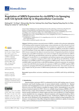 Regulation of MRP4 Expression by Circhipk3 Via Sponging Mir-124-3P/Mir-4524-5P in Hepatocellular Carcinoma