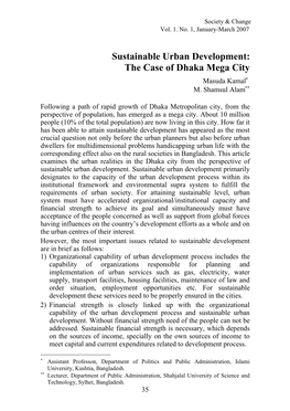 Sustainable Urban Development: the Case of Dhaka Mega City Masuda Kamal M