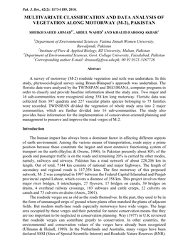 Multivariate Classification and Data Analysis of Vegetation Along Motorway (M-2), Pakistan