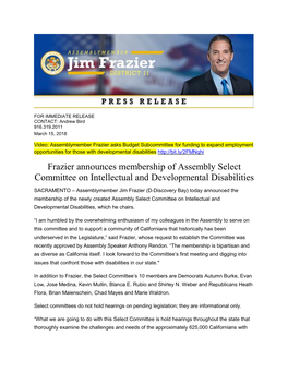 Frazier Announces Membership of Assembly Select Committee on Intellectual and Developmental Disabilities