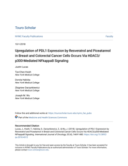 Upregulation of PDL1 Expression by Resveratrol and Piceatannol in Breast and Colorectal Cancer Cells Occurs Via HDAC3/ P300-Mediated Nfkappab Signaling