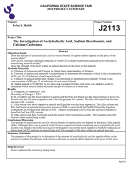 The Investigation of Acetylsalicylic Acid, Sodium Bicarbonate, and Calcium Carbonate