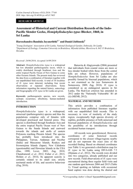 Assessment of Historical and Current Distribution Records of the Indo- Pacific Slender Gecko, Hemiphyllodactylus Typus Bleeker, 1860, in Sri Lanka