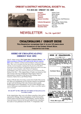 CROAJINGALONG / ORBOST SHIRE This Newsletter Recognises That It Is Now 125 Years Since the Formation of the Former Orbost Shire